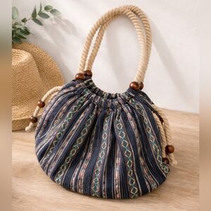 Vintage Boho Navy Blue Woven Bucket Bag Rope Handle Wooden Beads